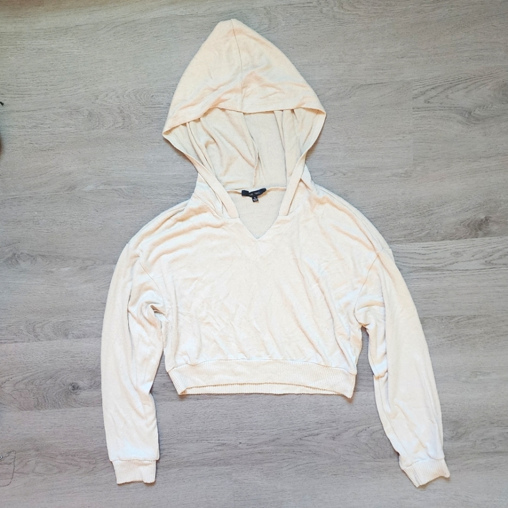 Love Tree Women's Cream V-Neck Hooded Cropped Casual Loungewear Sweatshirt Small